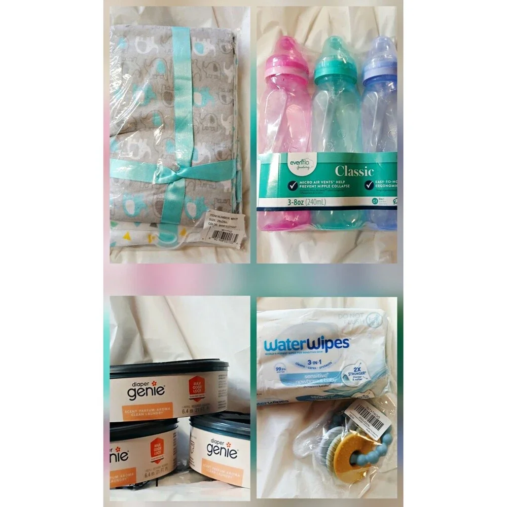 Baby Bundle A1- 4 blankets, 3 bottles, 3pk diaper genie refills, wipes, teether